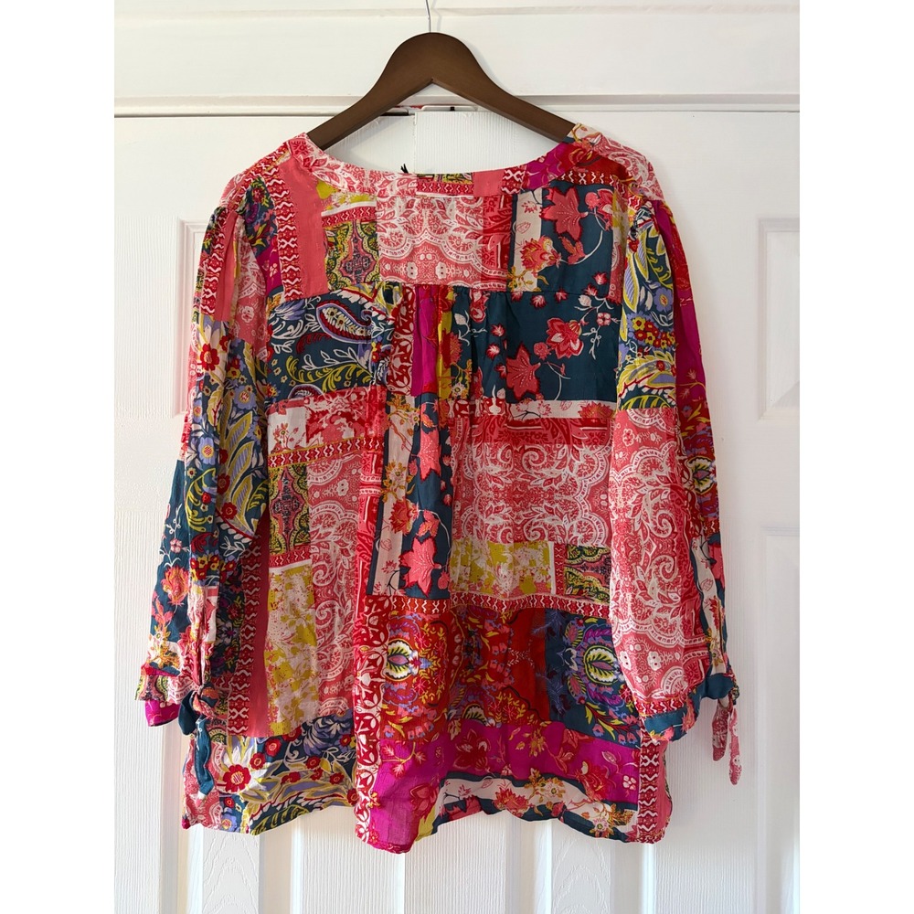 Jones & Co Jones New York Patchwork Floral Paisley Tunic Top Pink Blue 2X NWT